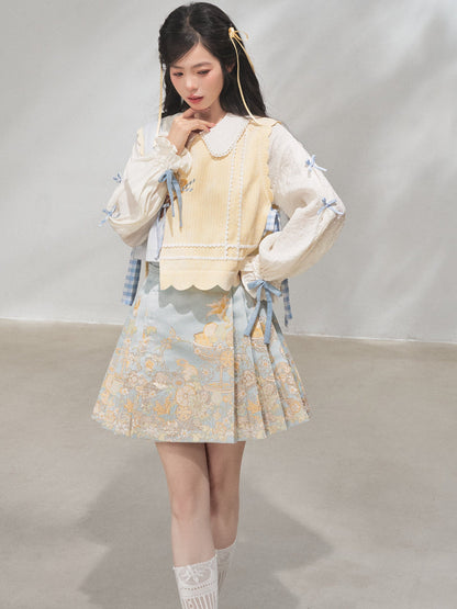 Modern Hanfu Bijia Vest, Chinese Style Blouse & Brocade Short Mamian Skirt Set 檬混过关