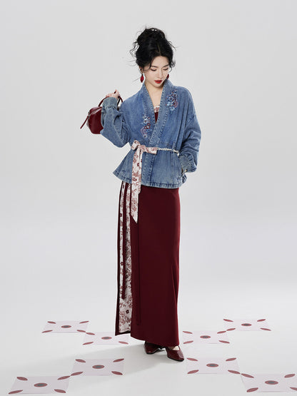 Hong Kong Beauty | New Chinese Style Denim Jacket and Skirt Set