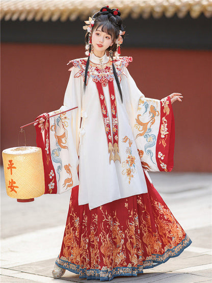 Ming Dynasty Koi Embroidered Flower Wedding Hanfu with Printed Mamianqun | Koi 锦鲤