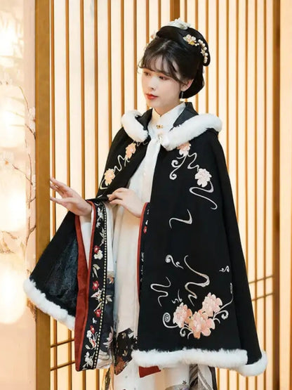 Flowers - Plus-size Hooded Fleece Cloak for Hanfu