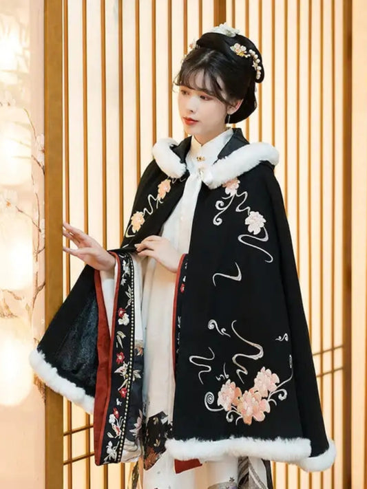 Flowers - plus-size hooded fleece cloak for hanfu — detail view