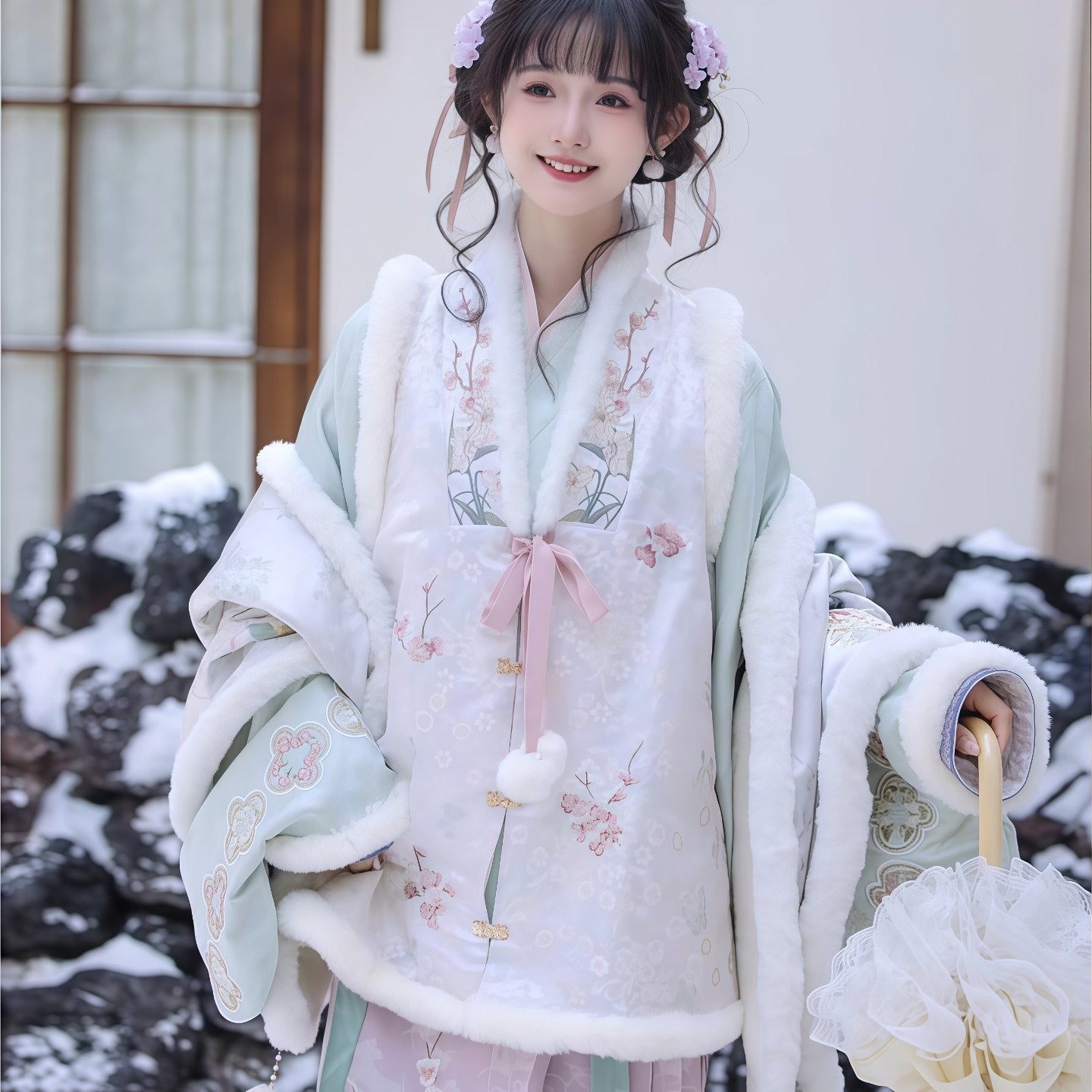 Ming Dynasty Bijia Pipa Sleeve Top & Mamian Skirt for Winter | Plum Blossom Date 赏梅有约