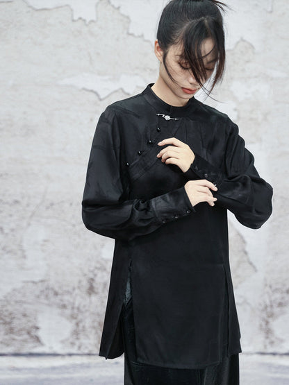 New Chinese Style Satin Crane Dark Pattern Long Sleeve Top - Ciyunjian 辞云间