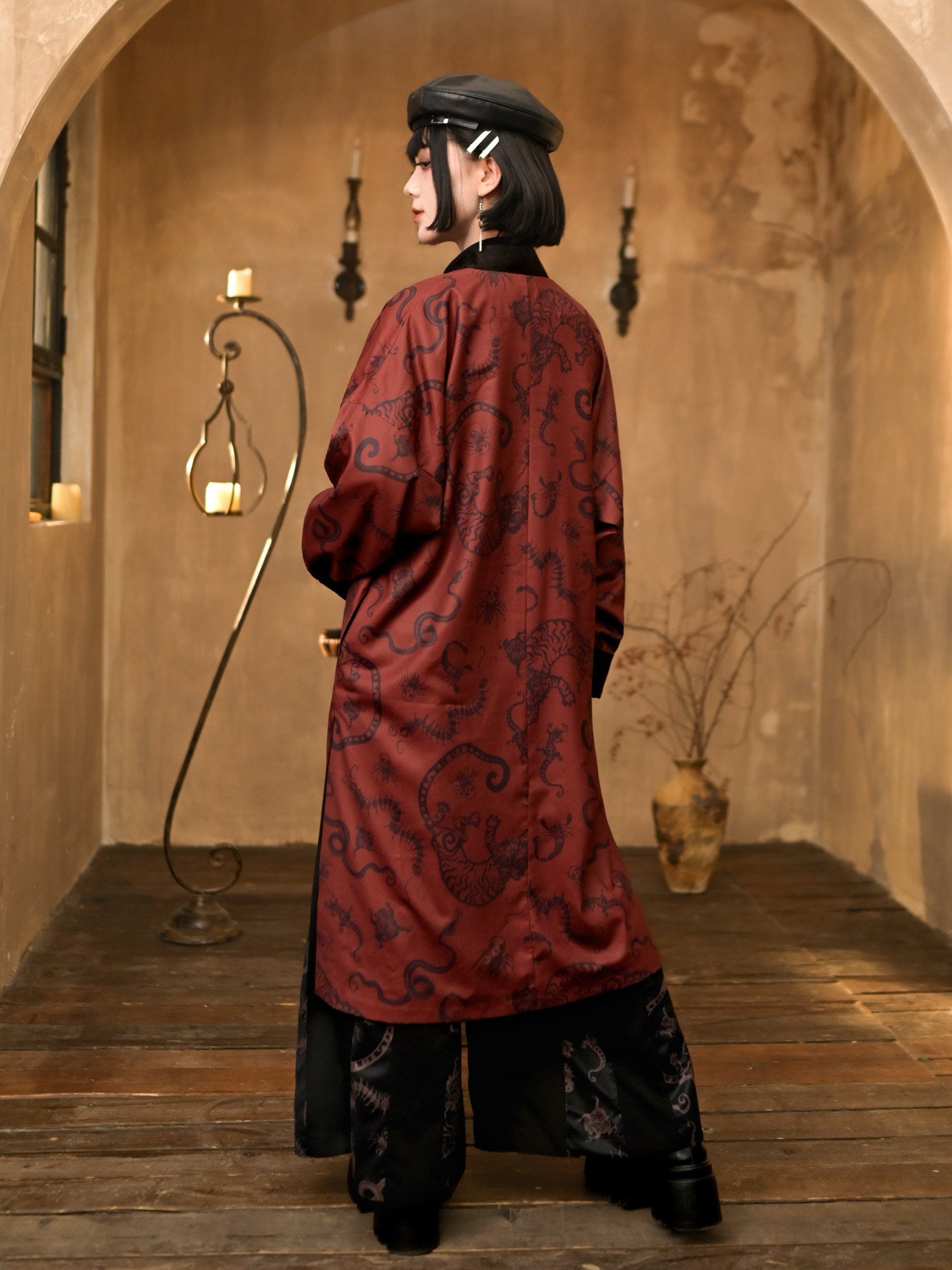 New Chinese Style Black and Red Print Antique Long Coat - Five Poisons 五毒