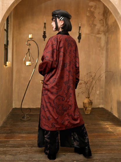 New Chinese Style Black and Red Print Antique Long Coat - Five Poisons 五毒