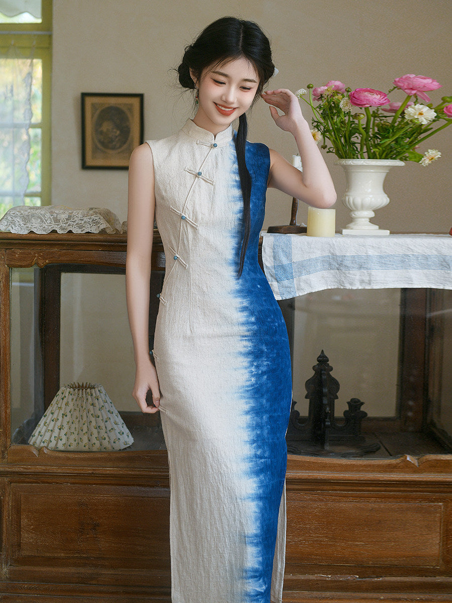Sleeveless Gradient Dye Long Cheongsam | Sandy