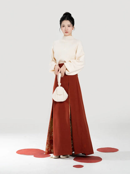 New Chinese Style Women Knit Top & Three Pleat Skirt Set - Maple Orange 枫橘 (Preorder)