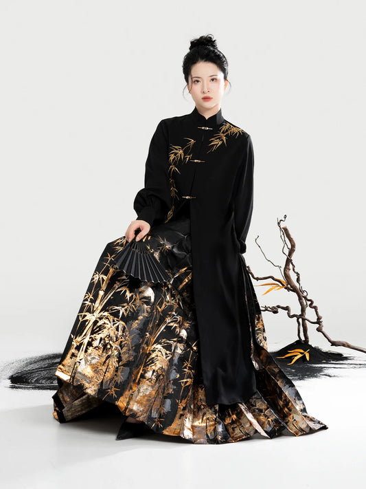 Golden Bamboo Ink Chinese Blouse & Mamian Skirt Outfit - modern Ming-inspired hanfu, detail view
