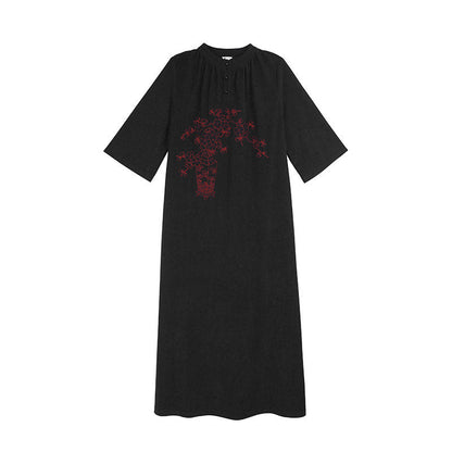 New Chinese Style Embroidered Loose Black Dress - Denglei 灯芯