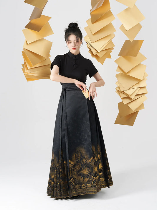 Golden Shadow Flower Chinese Blouse & Mamian Skirt Outfit - modern Ming-inspired hanfu, detail view