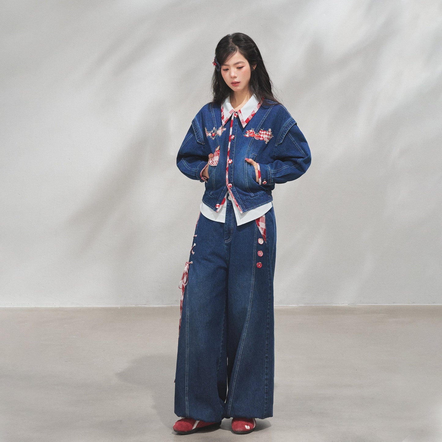 Modern Hanfu Denim Jacket, Trousers & Chinese Style Denim Skirt 苹果园
