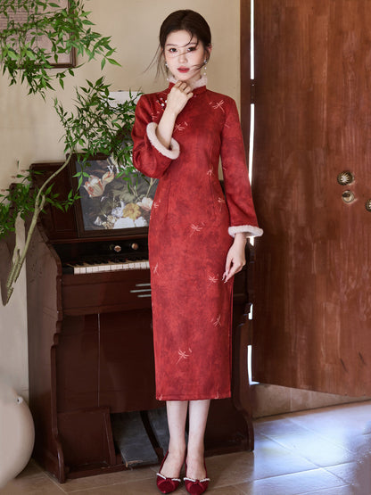 Chinese Wedding Engagement & Tea Ceremony Long Sleeve Cheongsam | Dragonfly