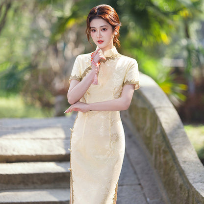 Short Sleeve Long Slit Qipao | Champagne
