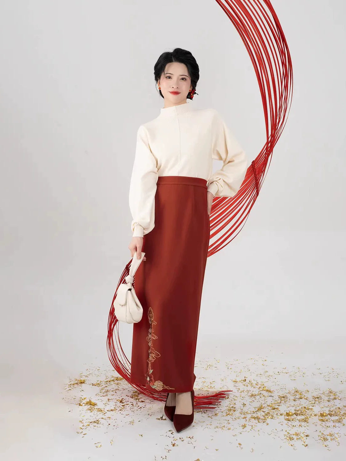Song Dynasty Modern Hanfu Set with Jacket and Long Slit Skirt - Rich Flowers 有钱花 (Preorder)