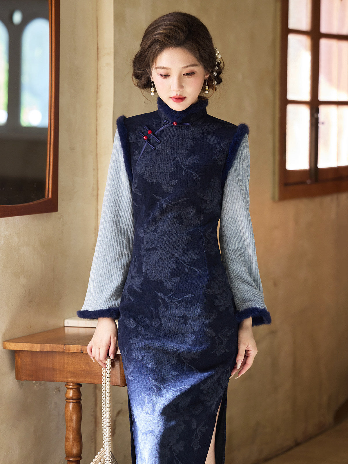 Long Sleeve Fur Trim Floral Qipao | Slow Days
