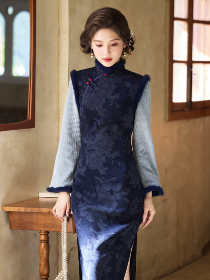 Long Sleeve Fur Trim Floral Qipao | Slow Days