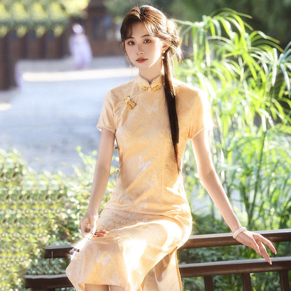 Short Sleeve Butterflies Midi Cheongsam | Soft Glow