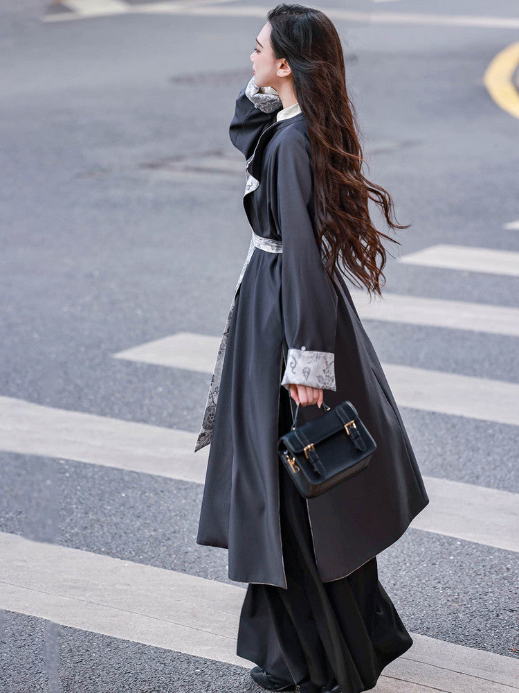 Reversible Hanfu Round Collar Robe with Black-Gray Retro Design - Autumn Rain 秋雨 (Preorder)
