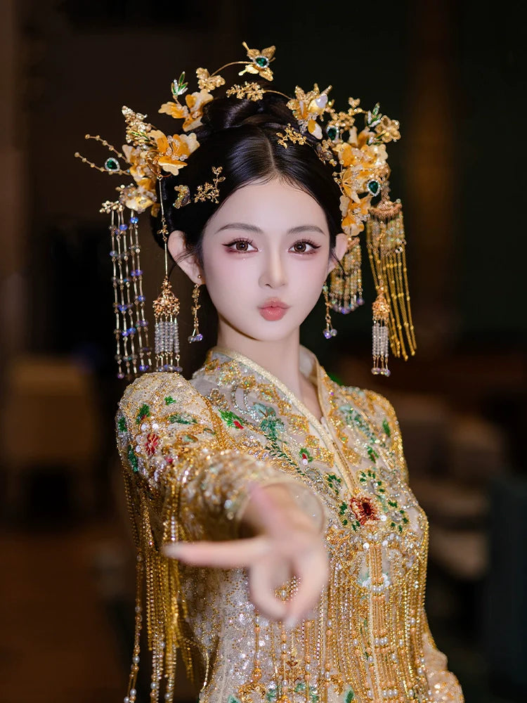 Radiance - Golden Floral Tassel Bridal Hairpin Elegant Fairy-Inspired Hanfu and Qipao Wedding Hair Accessory