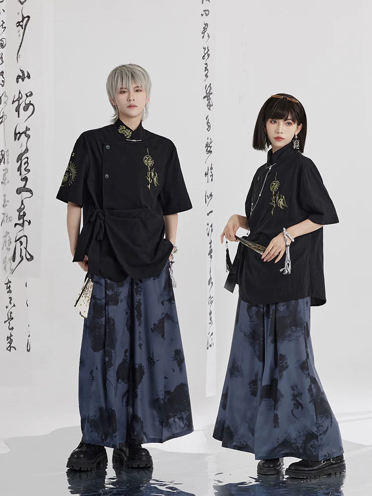 Fengming 凤鸣 - New Chinese Style Printed Shirt Wide Leg Pants