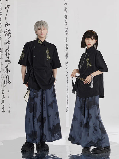 Fengming 凤鸣 - New Chinese Style Printed Shirt Wide Leg Pants