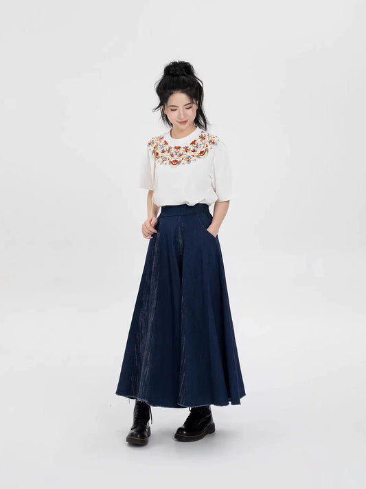 New Chinese Style Dunhuang Inspired Embroidered Cotton T-Shirt and Skirt Set - Huarongrong 花蓉蓉 (Preorder)