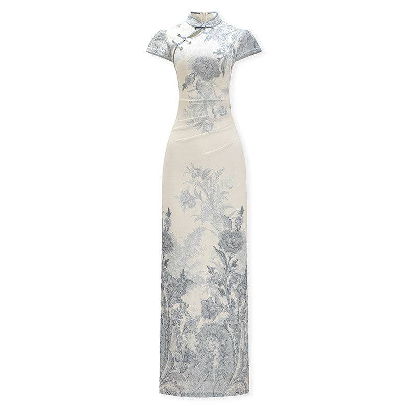 Short Sleeve Long Cheongsam | Porcelain