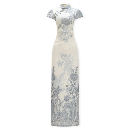 Short Sleeve Long Cheongsam | Porcelain