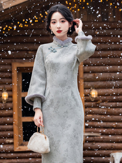 Long Sleeve Fur Trim Midi Qipao | Stardust