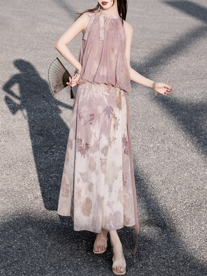 New Chinese Style Pink Puffy Top and A-line Skirt - Wilderness 旷野 (Preorder)