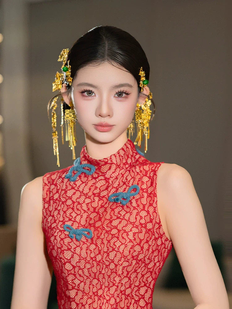 Double Happiness - Chinese Wedding Hair Accessory Set Golden Butterfly Tassel Hairpins for Xiuhe and Qipao Bride
