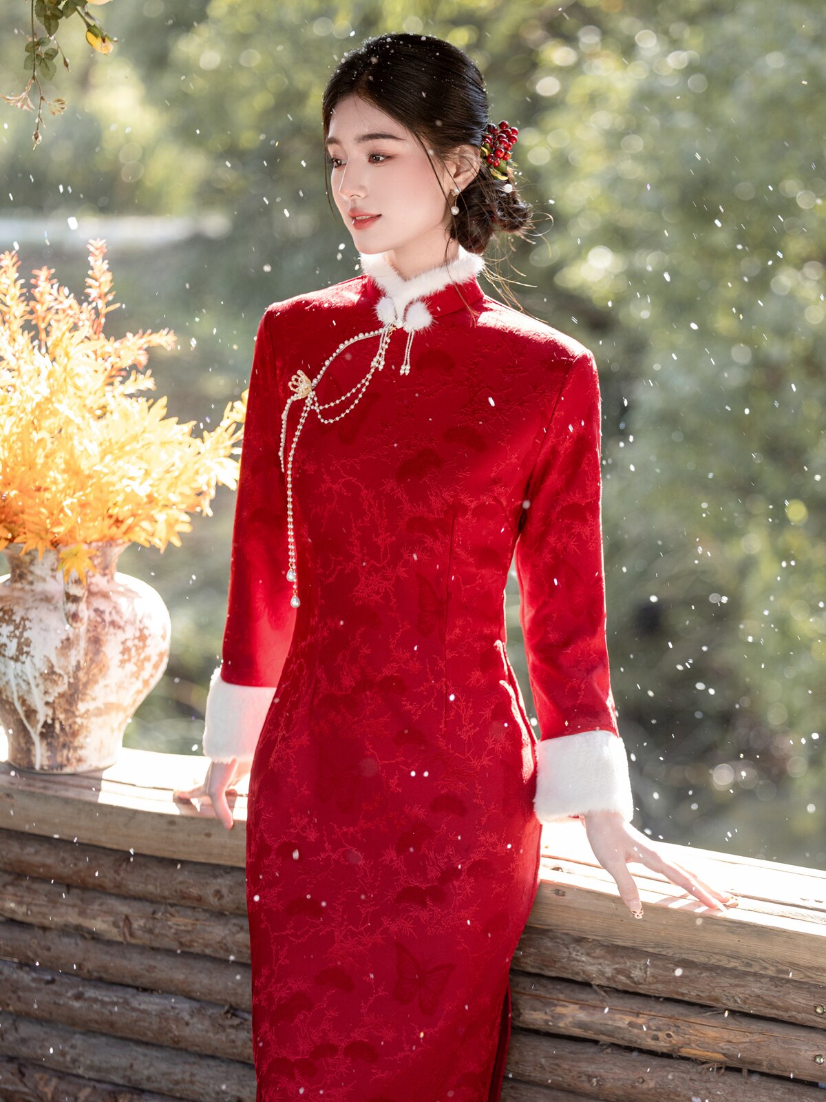 Chinese Wedding Engagement & Tea Ceremony Long Sleeve Cheongsam | Juedai
