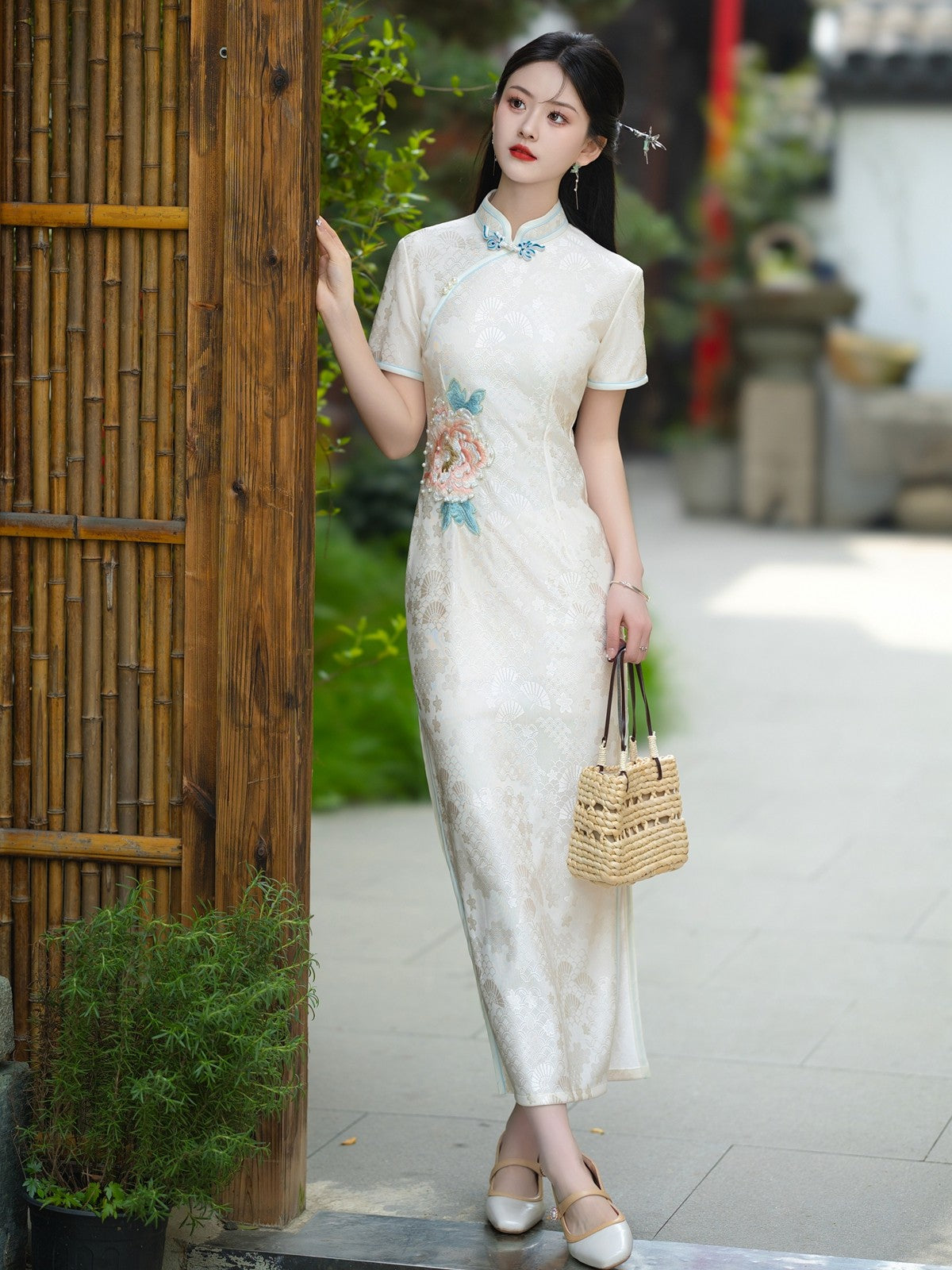 Short Sleeve Floral Long Cheongsam | Peony