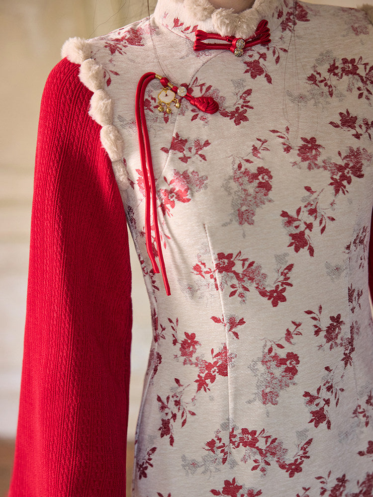 Long Sleeve Fur Trim Midi Qipao | Rose Petals