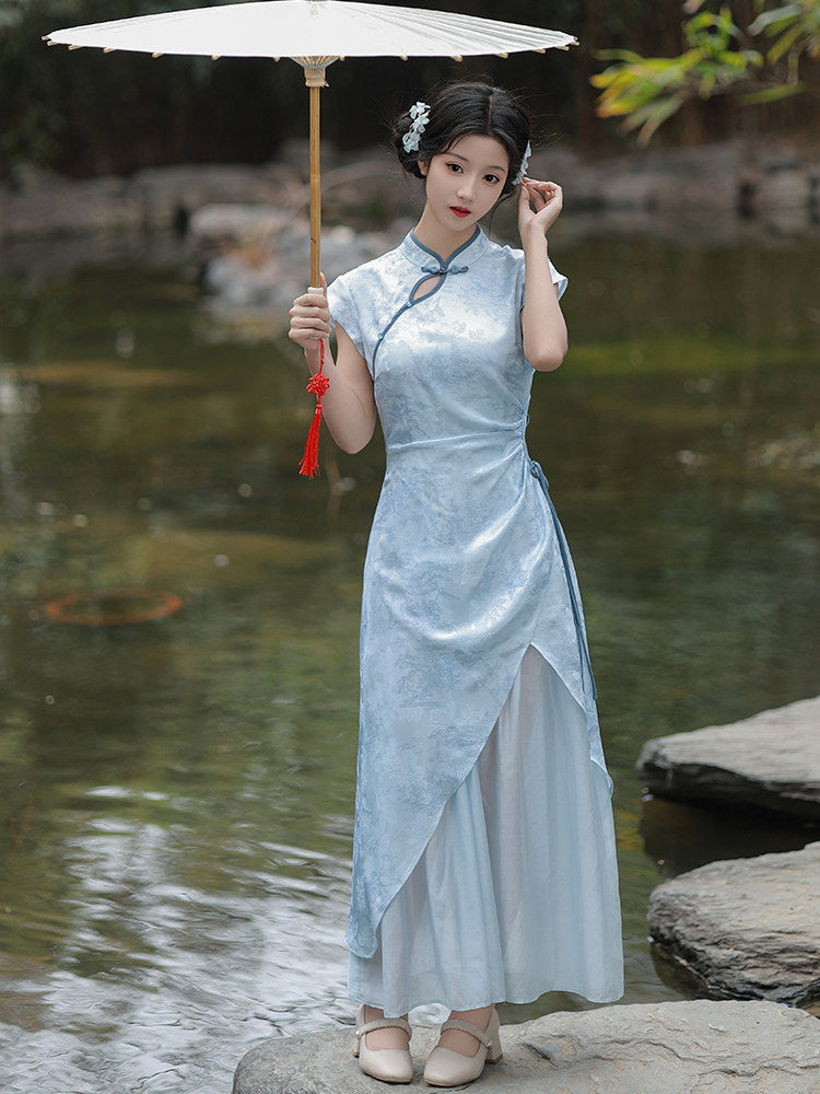 Short Sleeve A Line Long Cheongsam | Hanshuang