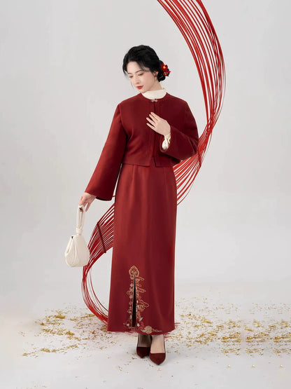 Song Dynasty Modern Hanfu Set with Jacket and Long Slit Skirt - Rich Flowers 有钱花 (Preorder)