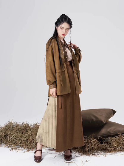 Song Dynasty Modern Hanfu Set with Long Sleeve Top and Spiral Skirt - Urban Nomad 都市游牧 (Preorder)