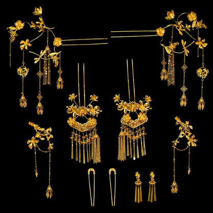 Sparkle - Chinese Bridal Hair Accessories Vintage Gold Tassel Flower Hairpins for Xiuhe and Dragon Phoenix Wedding Dress
