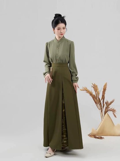 Song Dynasty Modern Hanfu Set with Long Sleeve Top and Three Pleat Skirt - Maisui 麦穗 (Preorder)