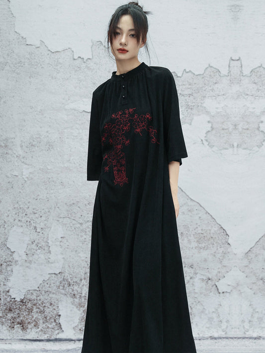 New Chinese Style Embroidered Loose Black Dress - Denglei 灯芯