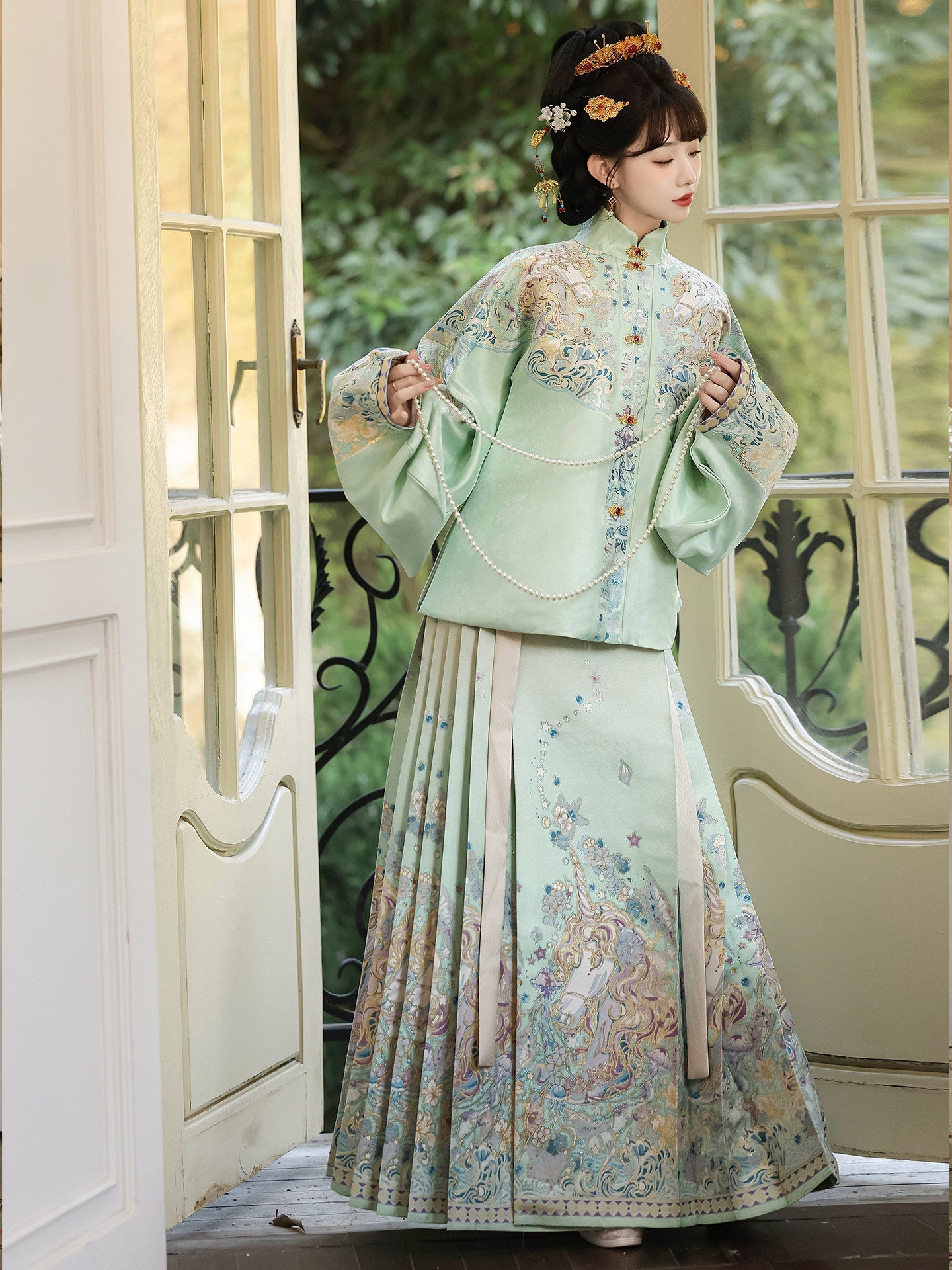 Ming Dynasty Pastel Violet Mint Green Pipa Sleeve Top & Mamian Skirt | Menghuan 梦幻