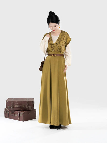 Tang Dynasty Modern Hanfu Set with Beizi Overlay & Flowing Eight-Panel Skirt - Twilight Harbor 暮港 (Preorder)