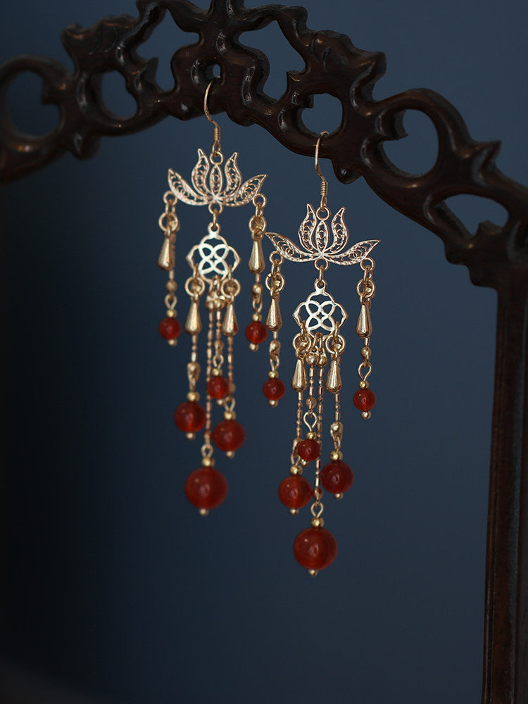 Blooming Lotus Red Agate Bridal Earrings | Hanfu Jewelry