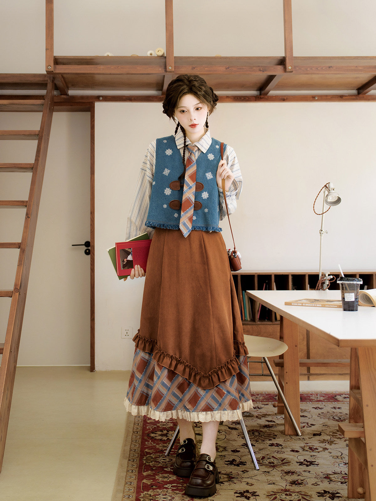 New Chinese Style Long Sleeve Top and Elastic Skirt with Pockets - Sea Salt Mocha 海盐摩卡