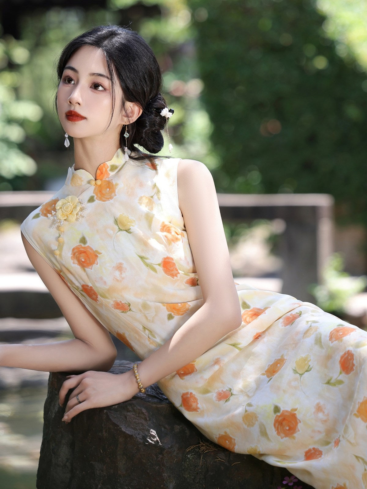 Sleeveless Floral Midi Cheongsam | Orange Blossoms