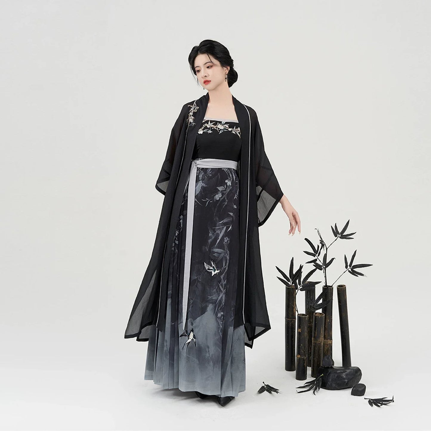 New Chinese Style Women Lightweight Cardigan & Modern Hanfu Dress - Swallow Returns 墨燕春归 (Preorder)