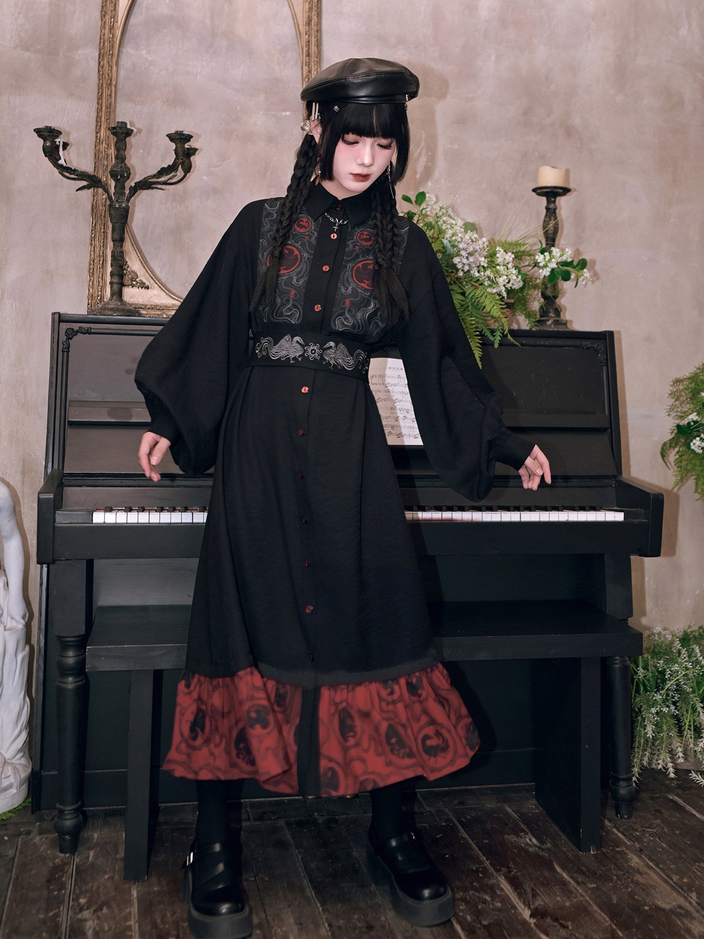 New Chinese Style Printed Dress with Embroidered Waist Seal - Golden Crow 金乌