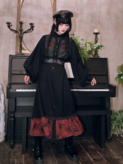 New Chinese Style Printed Dress with Embroidered Waist Seal - Golden Crow 金乌