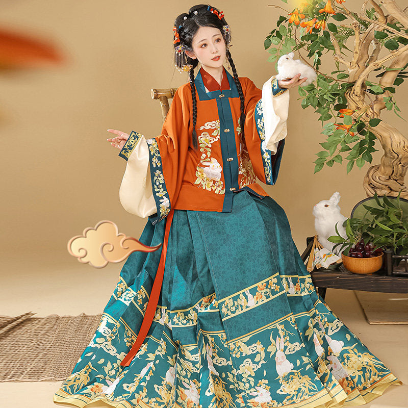 Ming Dynasty Embroidered Square Collar Jacket & Printed Mamian Skirt | Money Rabbit 钱兔