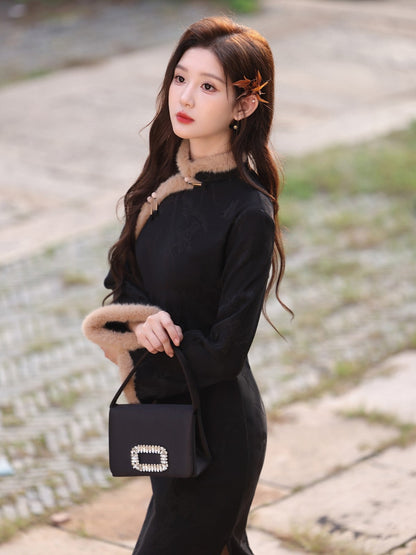 Long Sleeve Fur Trim Midi Qipao | Denise